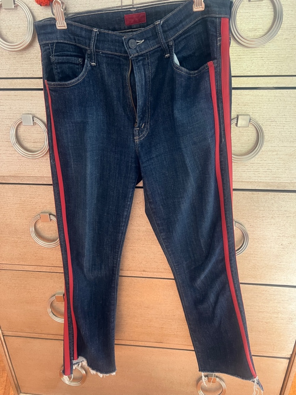 MOTHER Dark Blue Cropped Jeans with Red Side Stripes